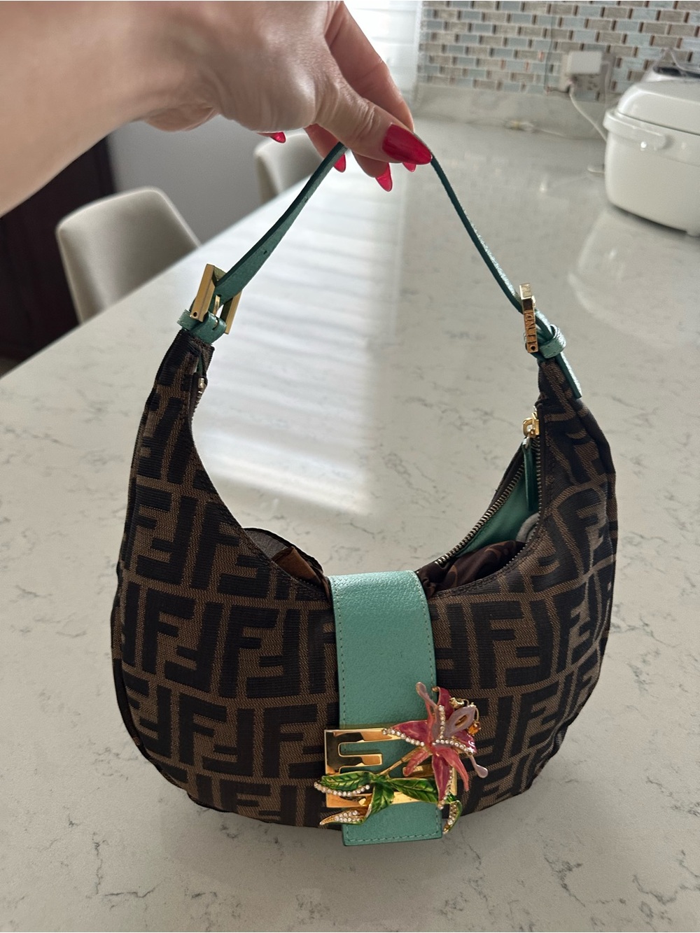 Authentic Fendi Brown and Teal Crescent Shoulder Bag with Floral Hardware